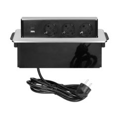 Vgradna (potopna) vtičnica / 3x EU vtičnica + 2x USB napajanje (Tip A + C 3,1A) / 230V 3x1,5mm² 2m kabla / INOX / SREBRNO ohišje