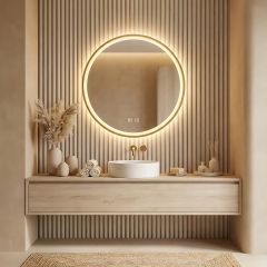 Okroglo ogrevano LED kopalni&scaron;ko ogledalo fi 50 | CCT | Touch stikalo | Zlata