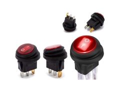 Preklopno gumbno stikalo 3PIN / 250V / 10(6)A / z rdečo diodo / premer 25/35mm / IP44